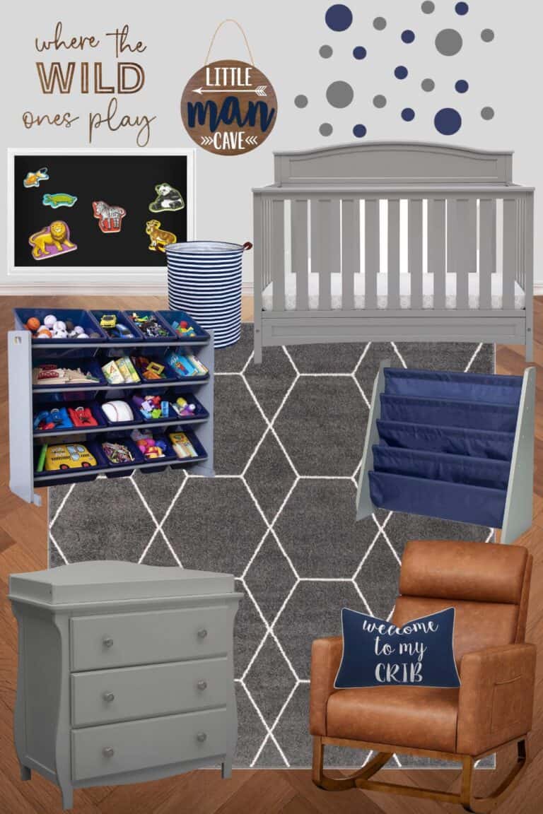 Blue and grey boys nursery idea featuring a matching grey crib and dresser with changing top. The nursery design includes matching blue and grey toy storage and book case, a faux leather nursing chair, and fun nursery accessories.