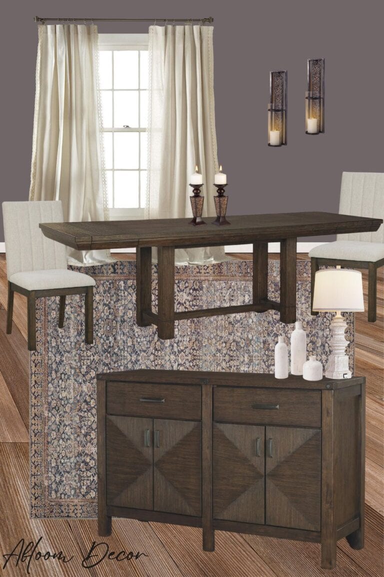Dark Brown Dining Table Formal Dining Room Idea with an extendable dining table, upholstered chairs, a dining room buffet cabinet, and matching decor.