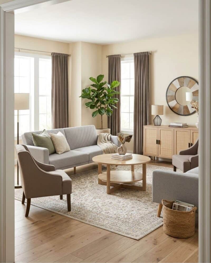Grey Sofa Living Room Idea with Curtains - Abloom Decor