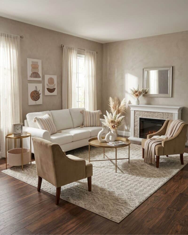Cozy Neutral Living Room Design with an Electric Fireplace