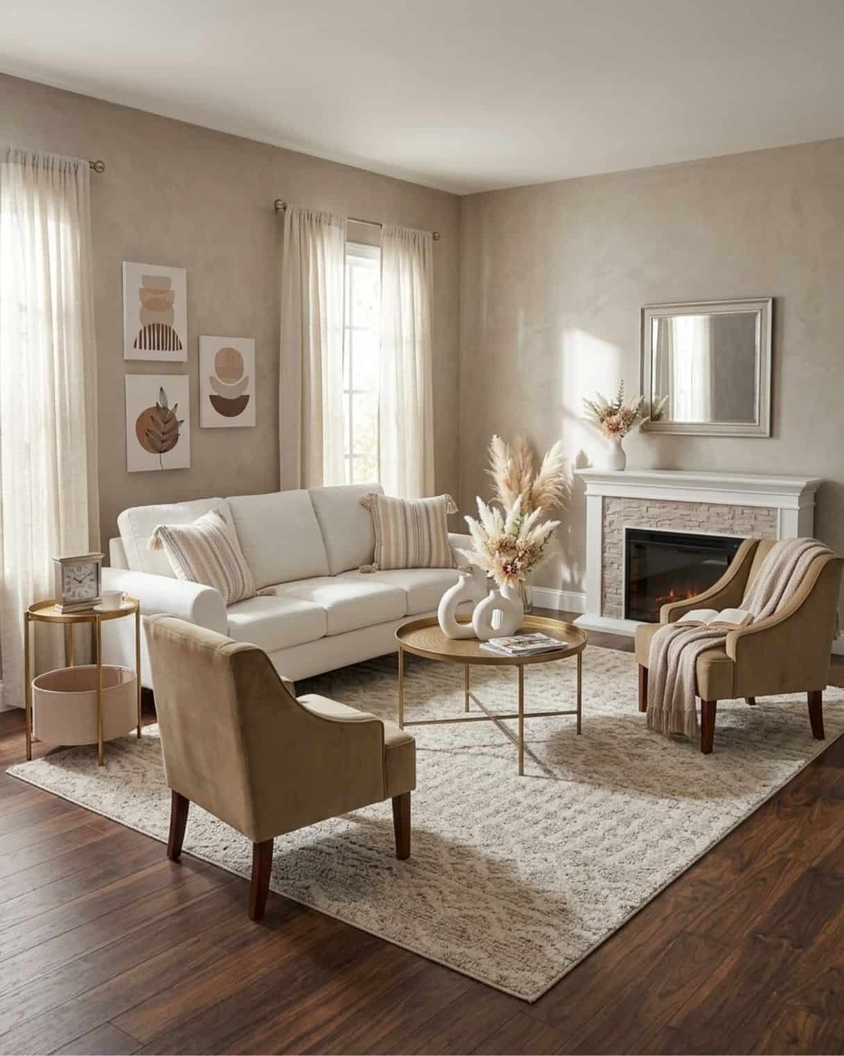 Cozy Neutral Living Room Design with an Electric Fireplace