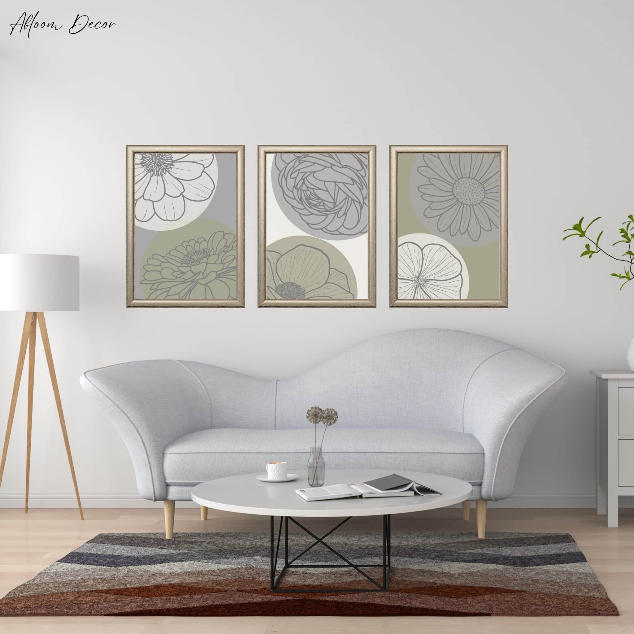 green grey and cream flower line art prints