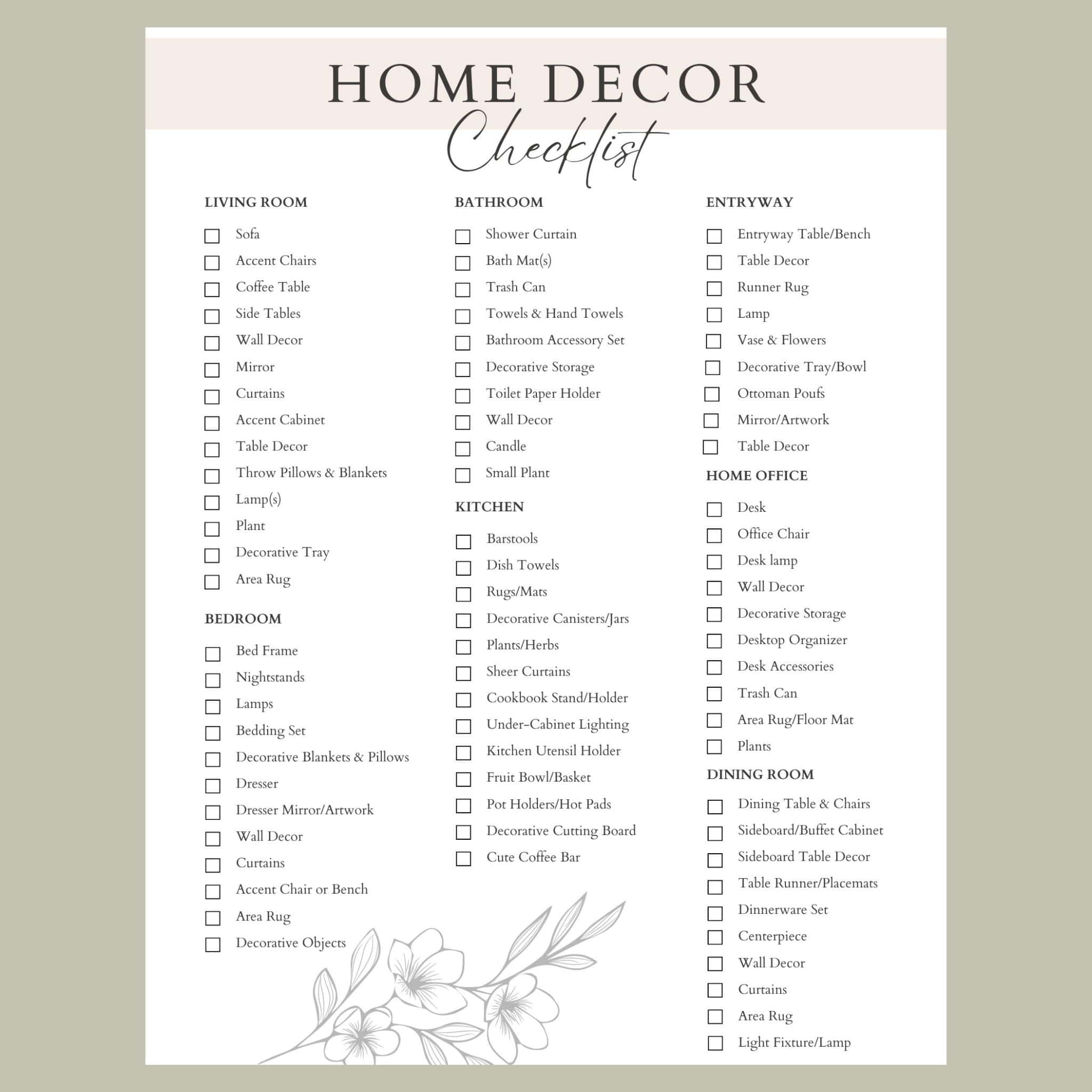 home decor checklist