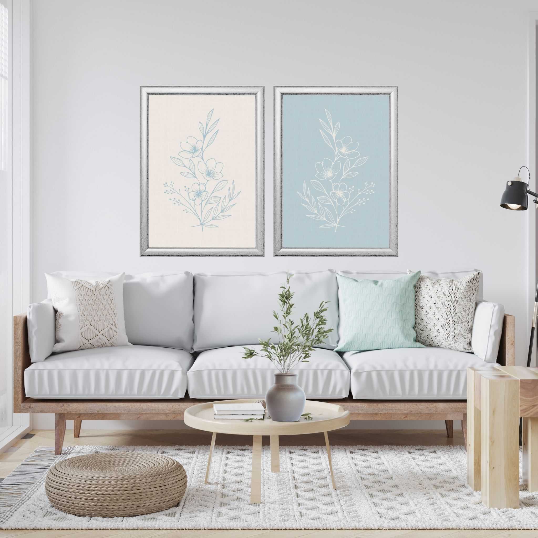 cream and light blue floral wall art