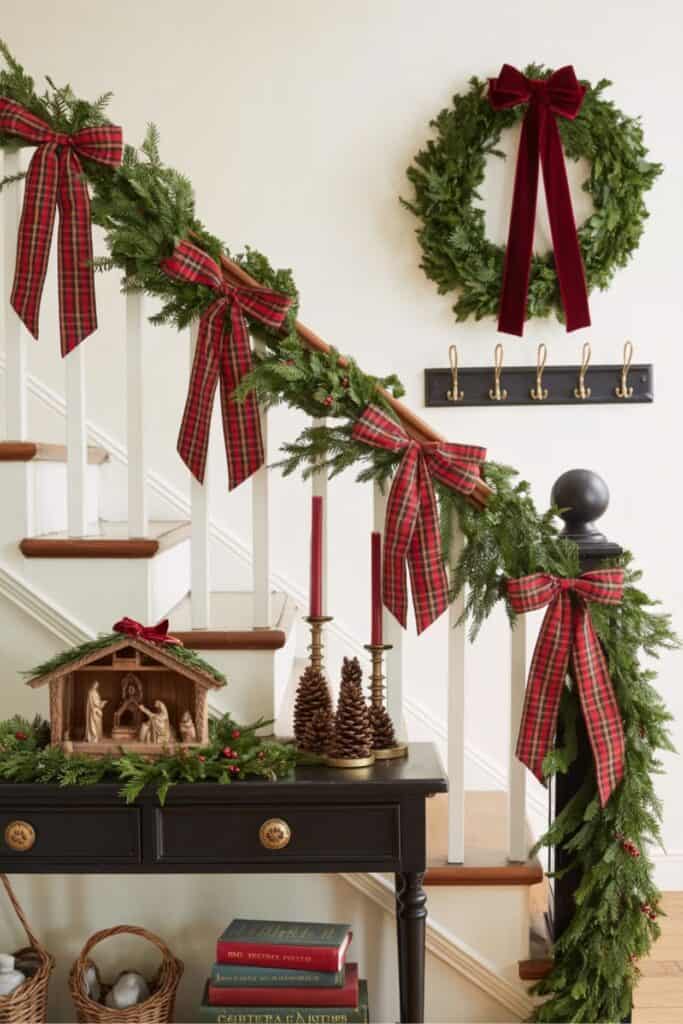 Classic Christmas Staircase with Plaid Bows and Greenery