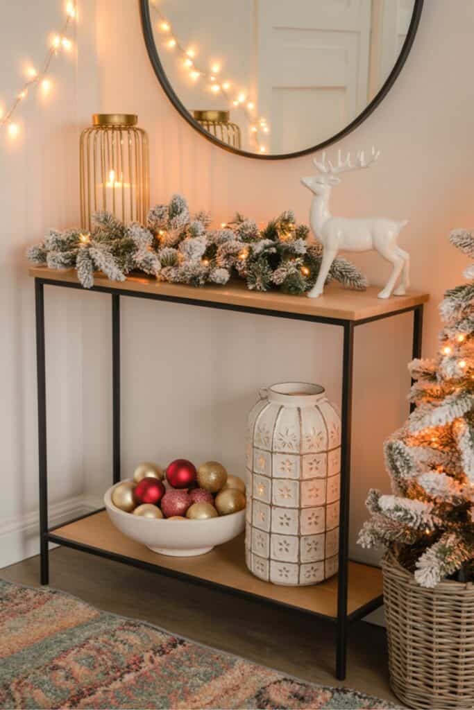 Flocked Garland Entryway Table With Christmas Accents