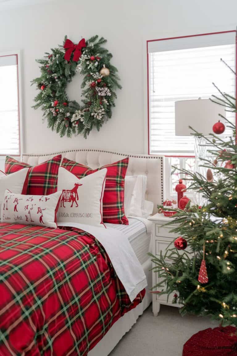 Christmas bedroom with red and white decor, plaid bedding, and festive accents.