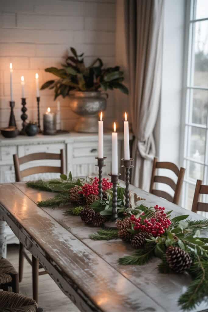 Candlelit Christmas Dining Table with Natural Greenery