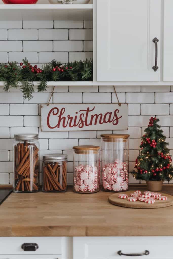 Christmas Candy Counter with Peppermints and Cinnamon Sticks