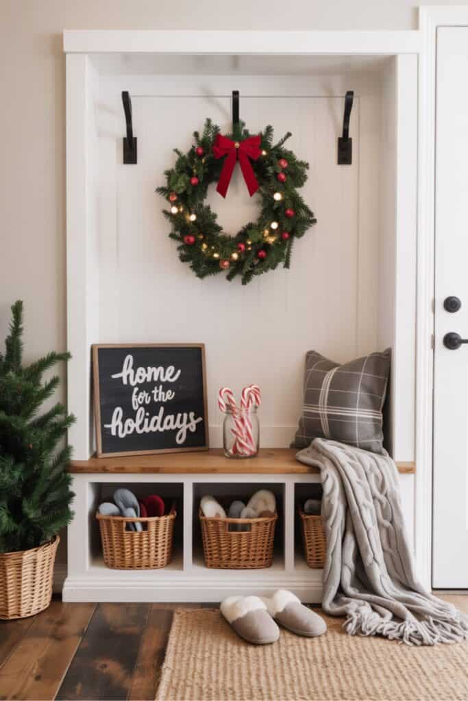 Christmas Entryway Bench with Wreath and Cozy Decor