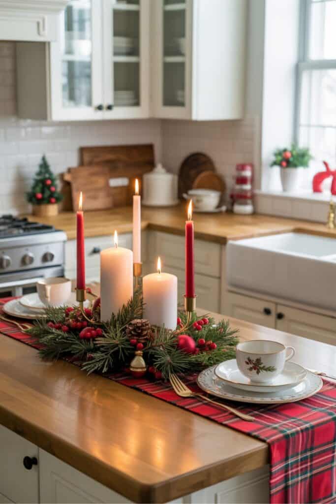 Festive Christmas Kitchen Island with Candlelit Centerpiece and Plaid Runner