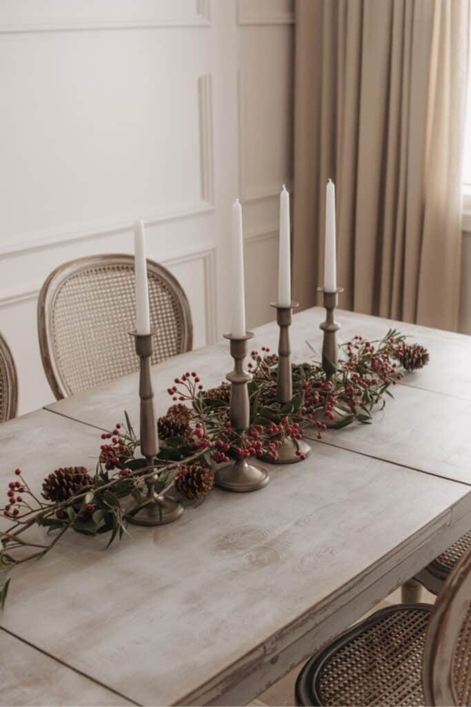 Simple Christmas Dining Table Centerpiece with Candles and Greenery