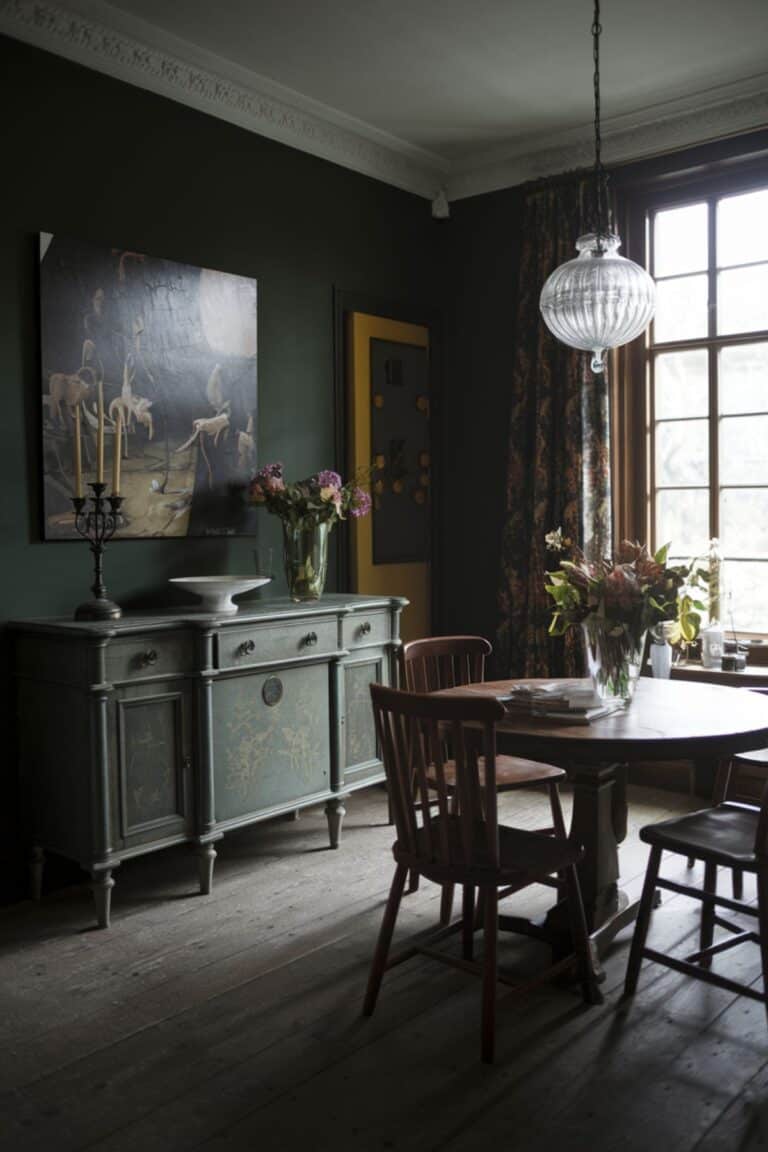 Moody dining room with dark green walls and antique sideboard