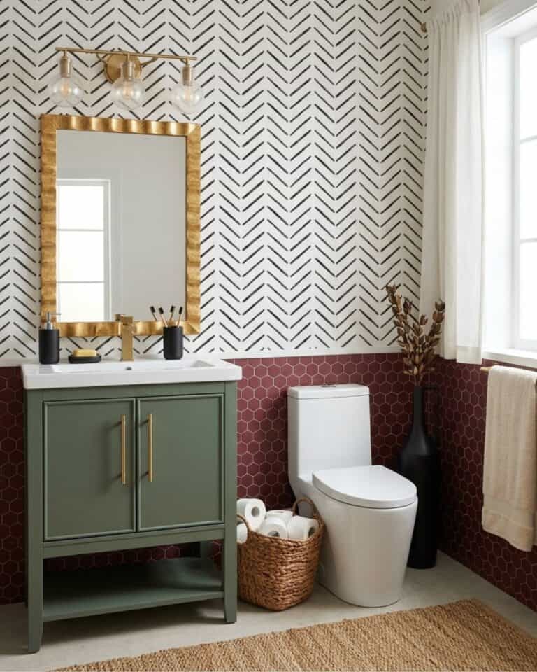 Bold Burgundy and Green Small Bathroom Design