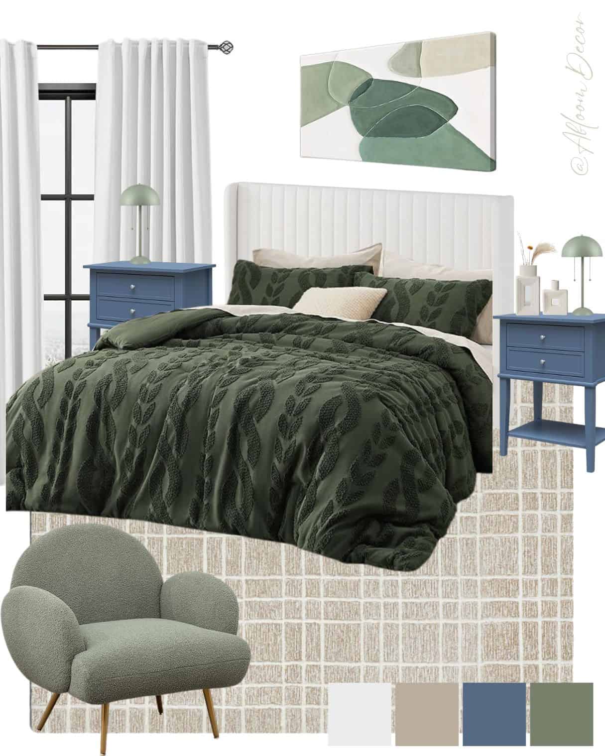 Small Modern Eclectic Bedroom With Blue Green and White