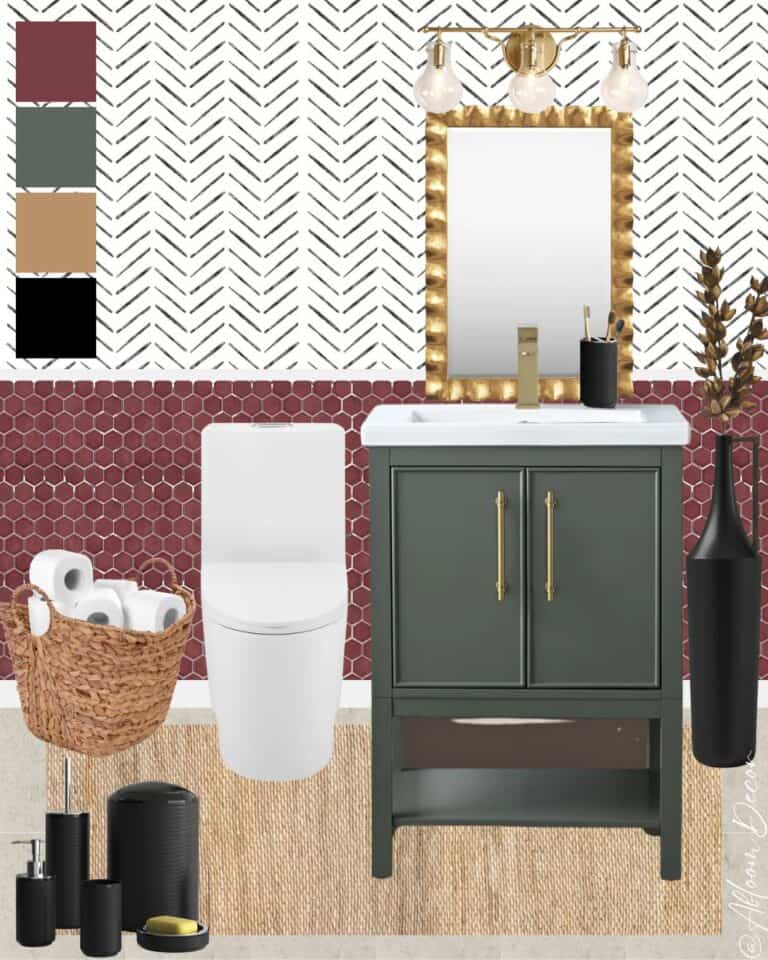 Bold Burgundy and Green Small Bathroom Design