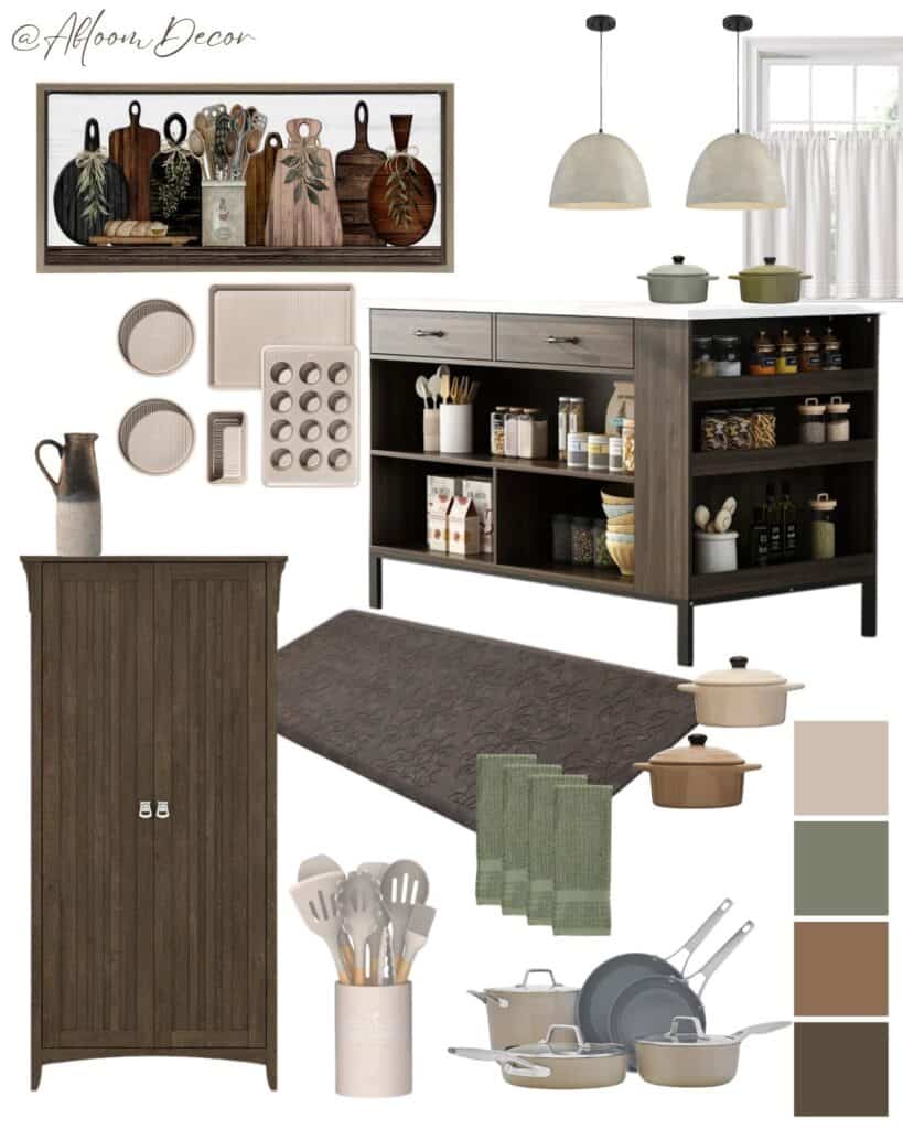 Dark Brown Kitchen Design With Portable Kitchen Island
