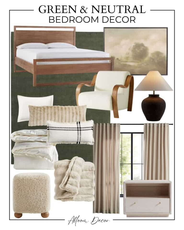 Green and Neutral Bedroom Design Mood Board