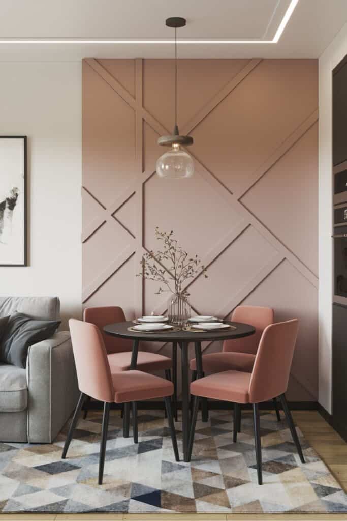 Small living room dining room combo with a bold geometric design, featuring compact furniture and thoughtful details.