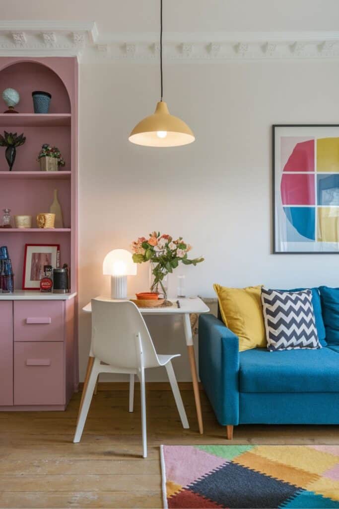 Small living room dining room combo with a colorful eclectic design, featuring compact furniture and thoughtful details.