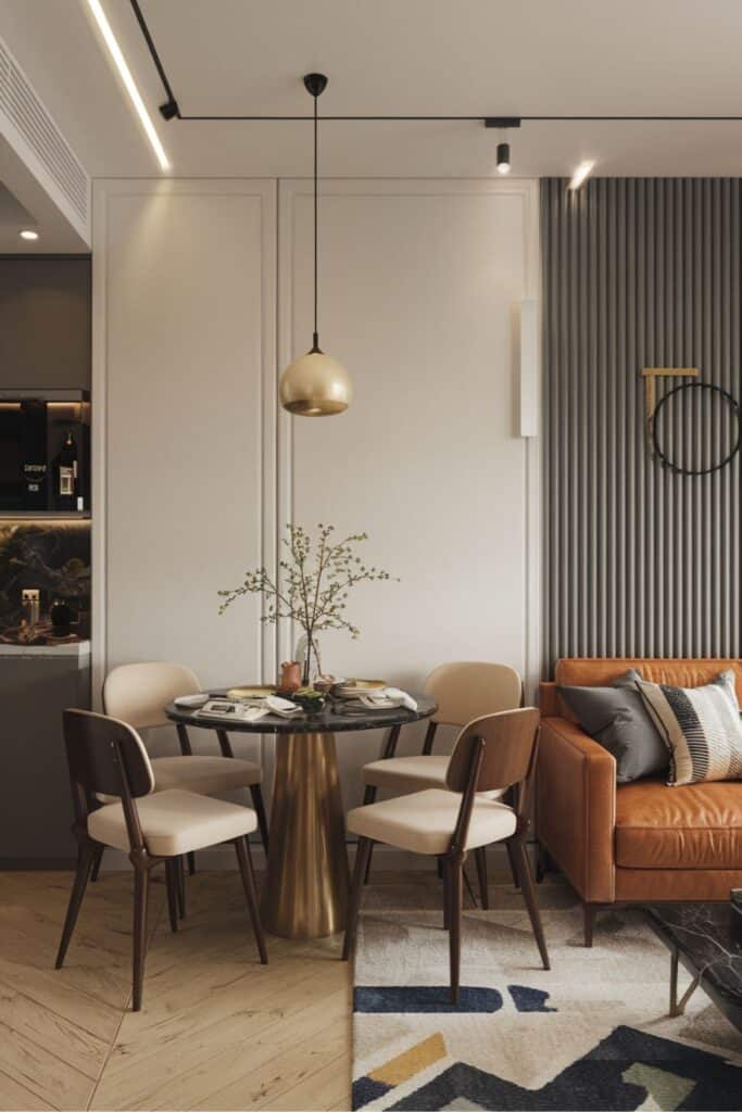 Small living room dining room combo with a eclectic design, featuring compact furniture and thoughtful details.