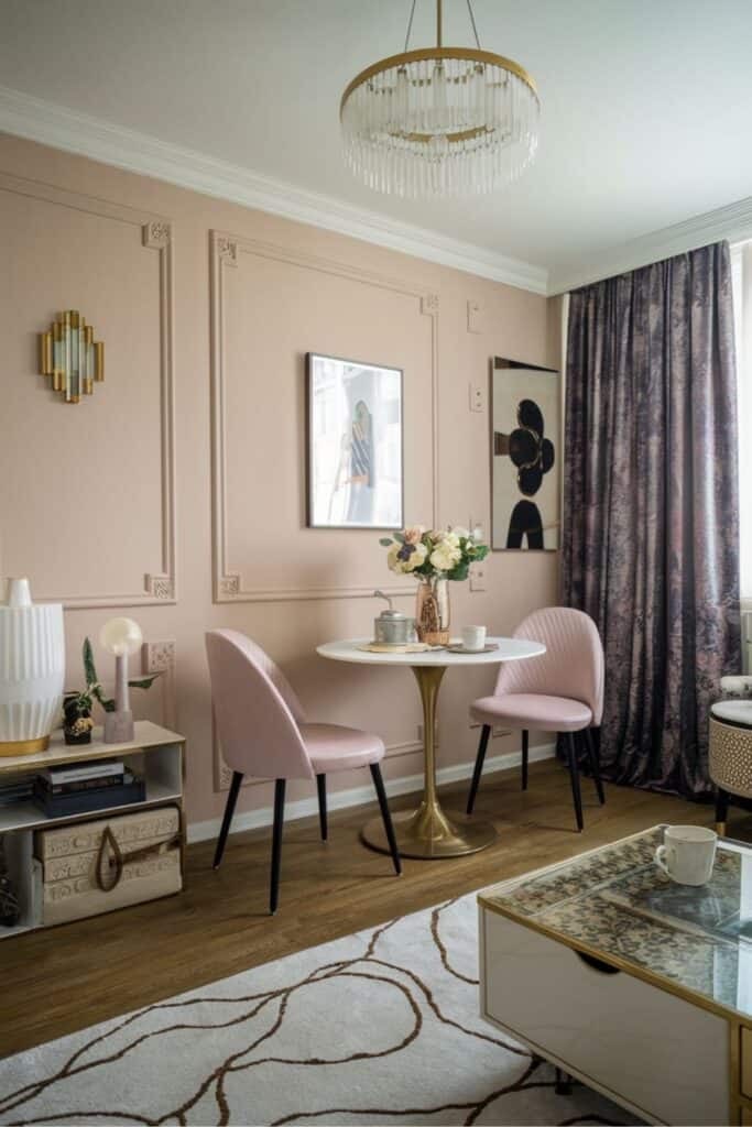 Small living room dining room combo with a glamorous design, featuring compact furniture and thoughtful details.