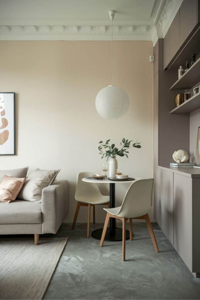 Small living room dining room combo with a minimalist design, featuring compact furniture and thoughtful details.