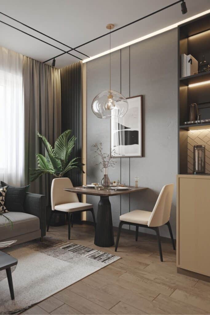 Small living room dining room combo with a modern industrial design, featuring compact furniture and thoughtful details.