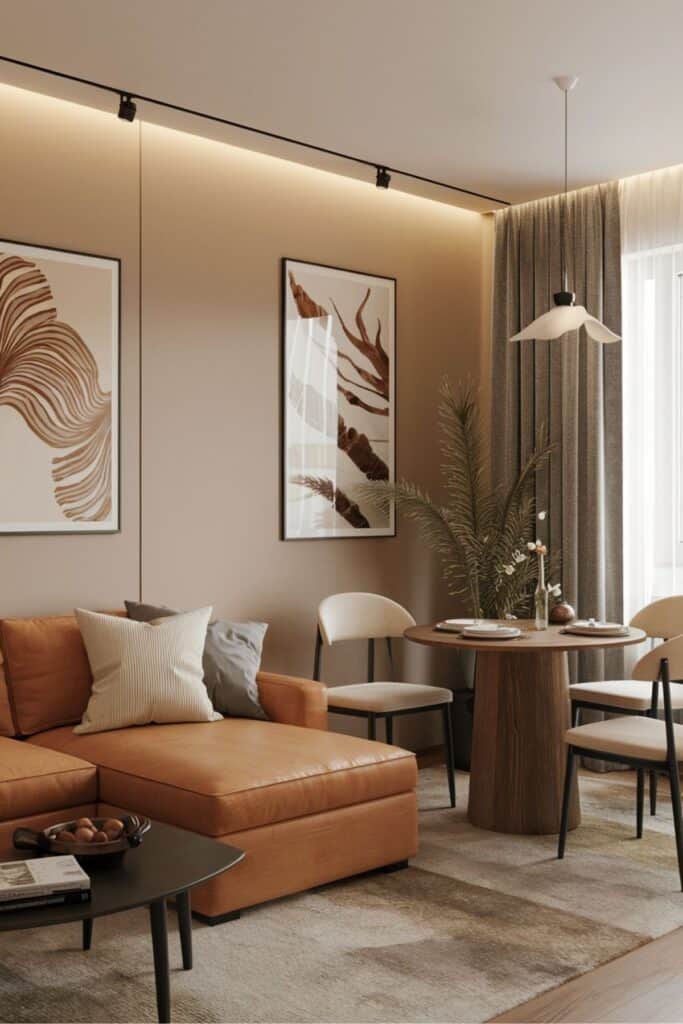 Small living room dining room combo with a natural earthy design, featuring compact furniture and thoughtful details.