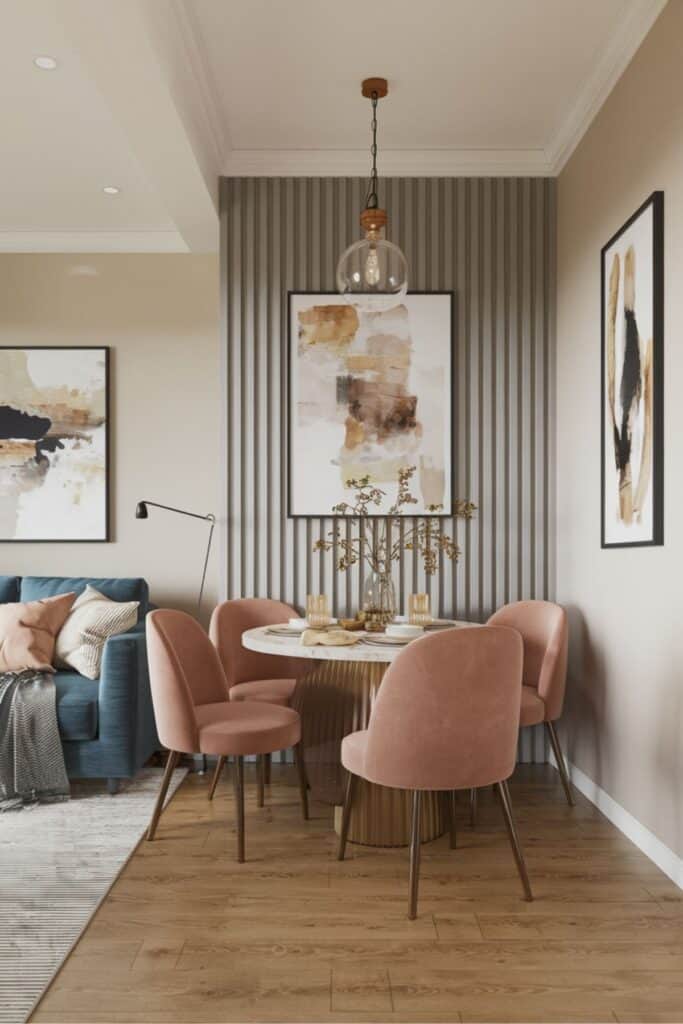 Small living room dining room combo with a rustic farmhouse design, featuring compact furniture and thoughtful details.