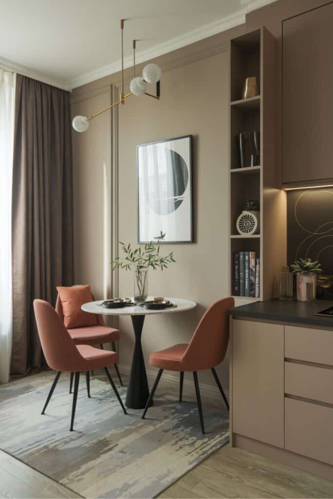Small living room dining room combo with a sophisticated urban design, featuring compact furniture and thoughtful details.