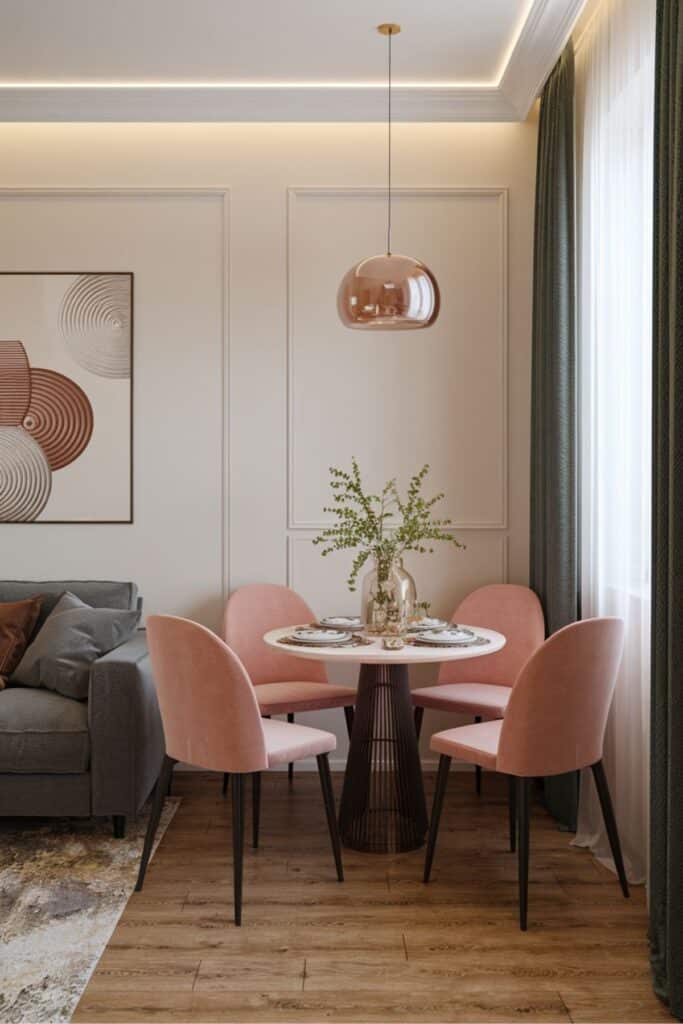 Small living room dining room combo with a vintage-inspired design, featuring compact furniture and thoughtful details.