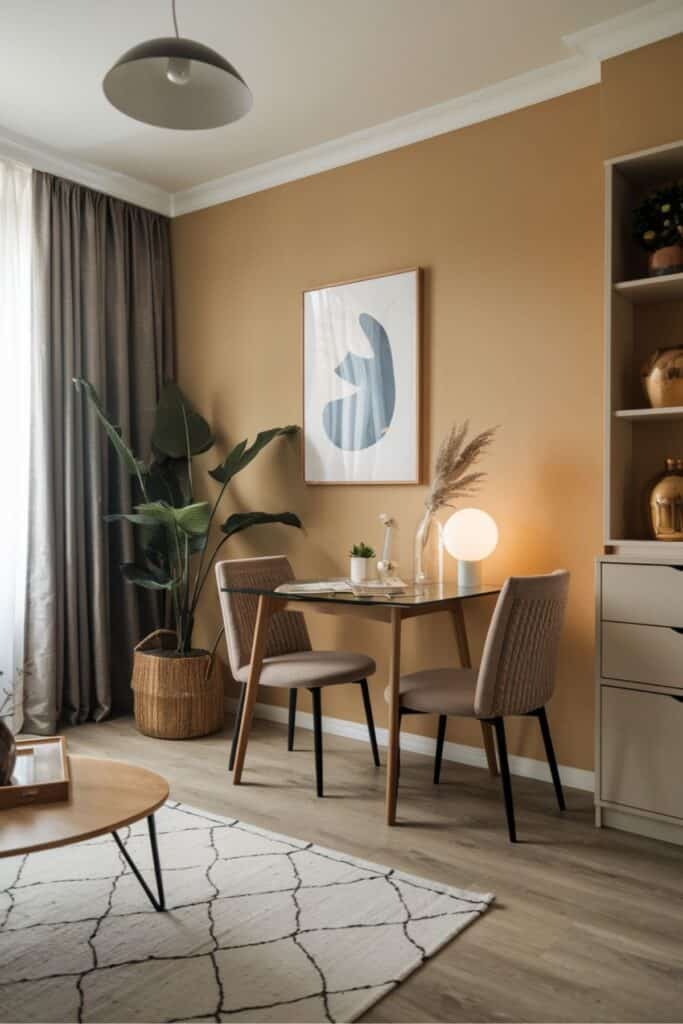 Small living room dining room combo with a warm cozy design, featuring compact furniture and thoughtful details.