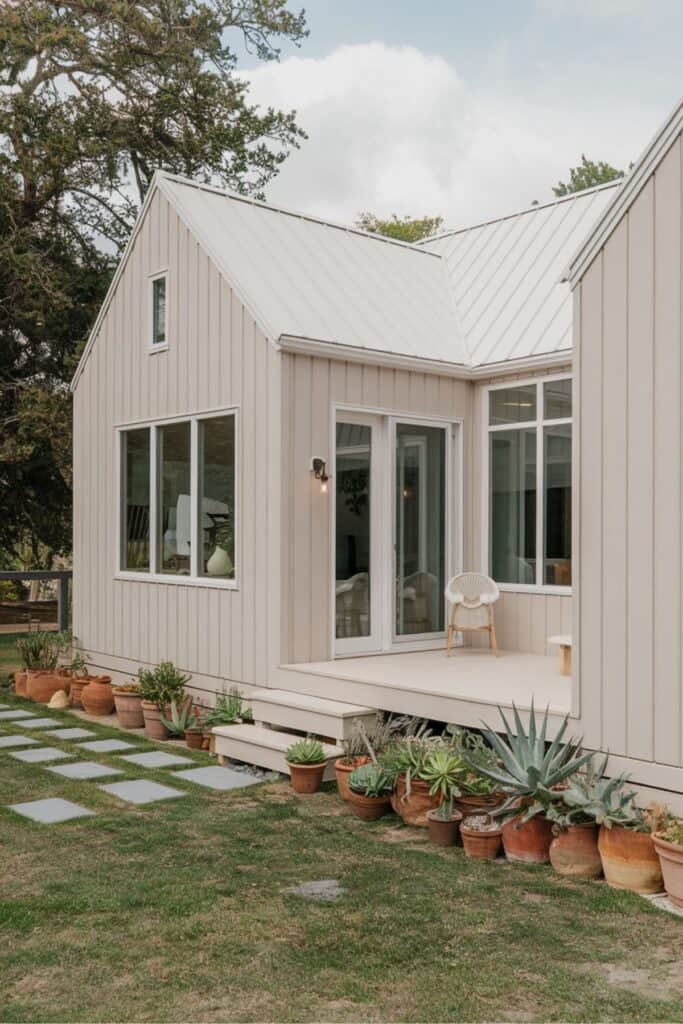 Beige modern cottage with oversized windows and succulents