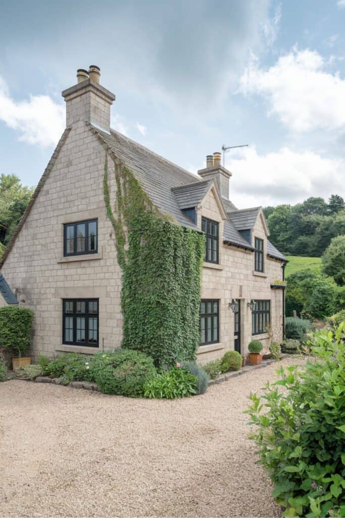 Natural stone cottage with steep roof and ivy climbing walls