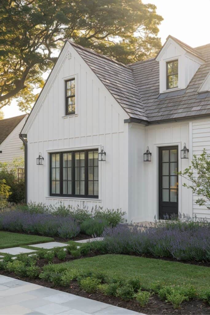 White board-and-batten cottage with black-framed windows and cedar shake roof