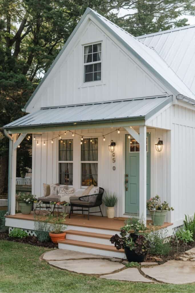 White vertical siding cottage with teal door and string lights