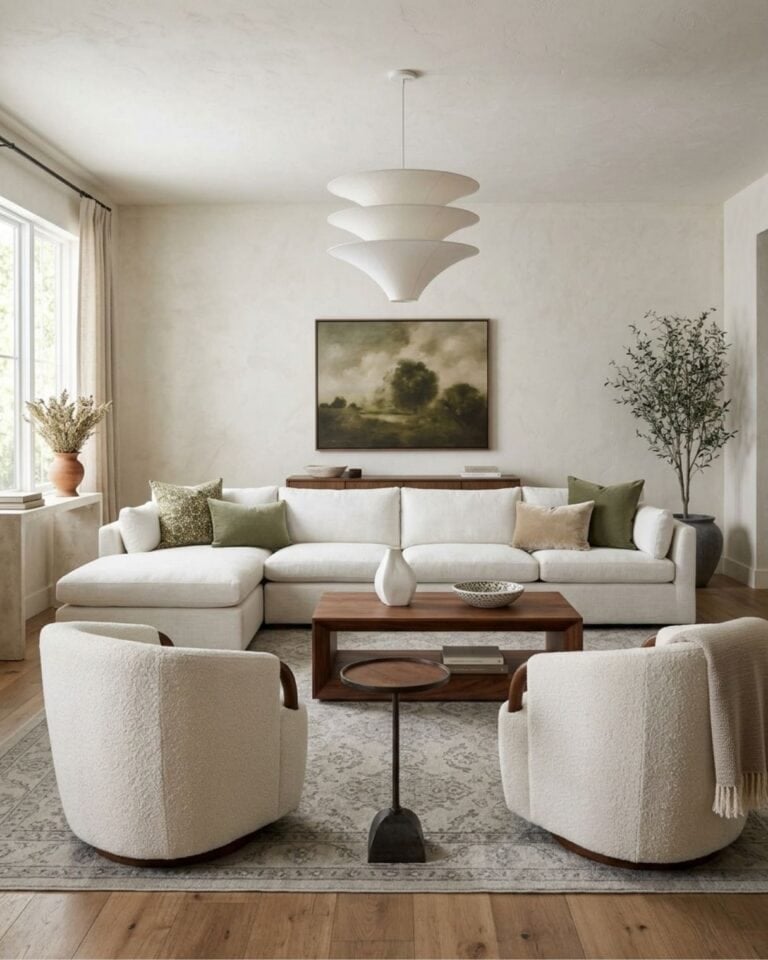 Neutral and Green Living Room Design