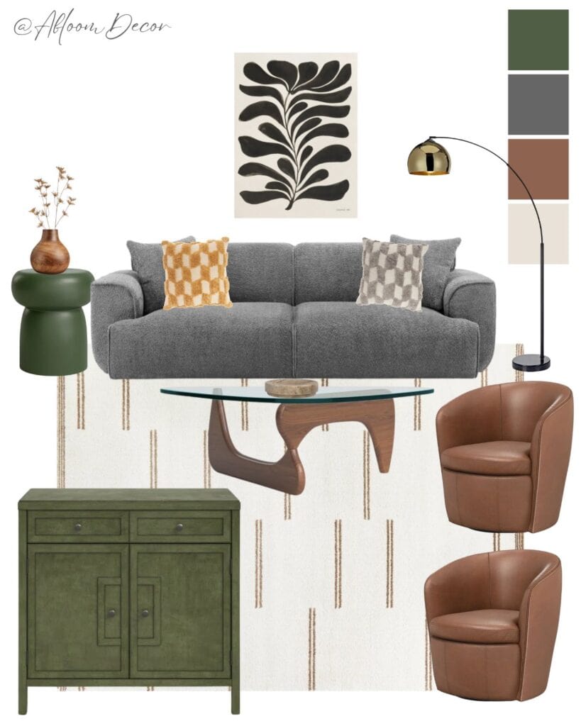 Cozy contemporary living room mood board