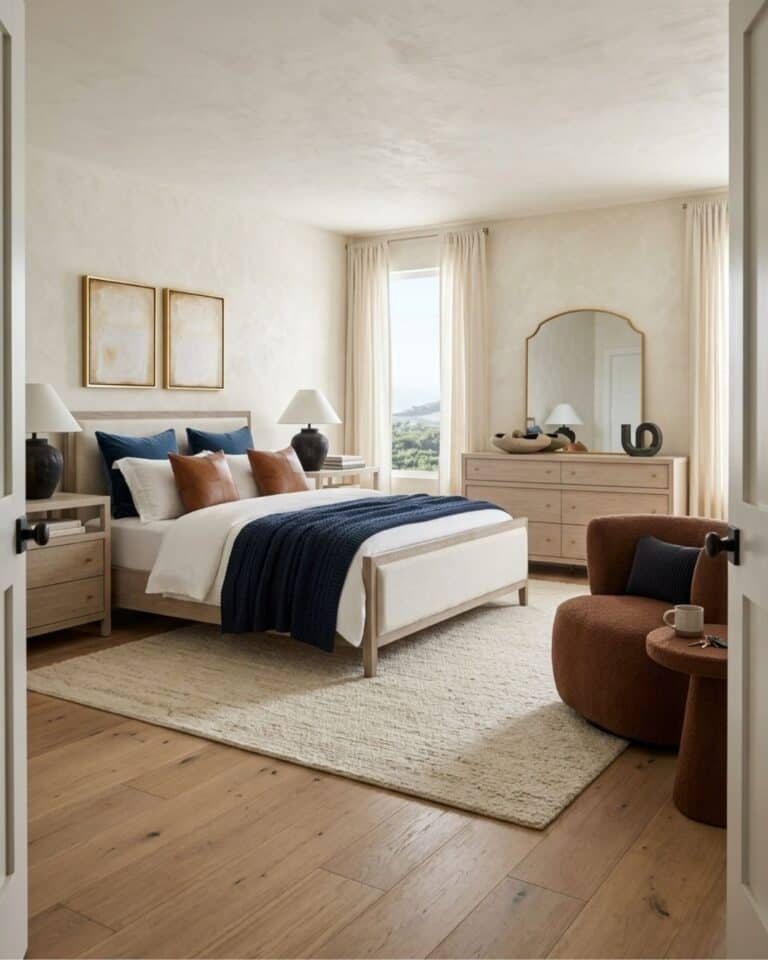 Neutral Bedroom with Navy and Brown Accents