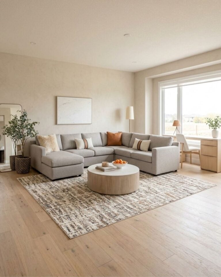 Neutral Living Room and Home Office Combo Idea