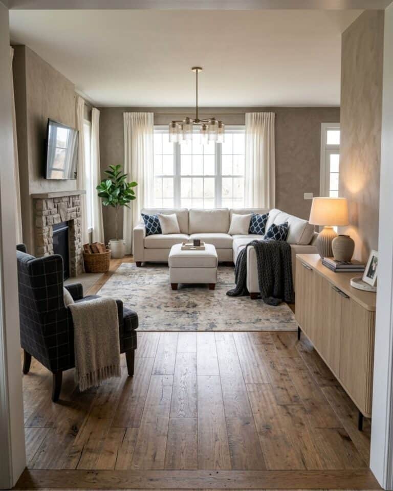 Neutral Living Room with Pops of Navy
