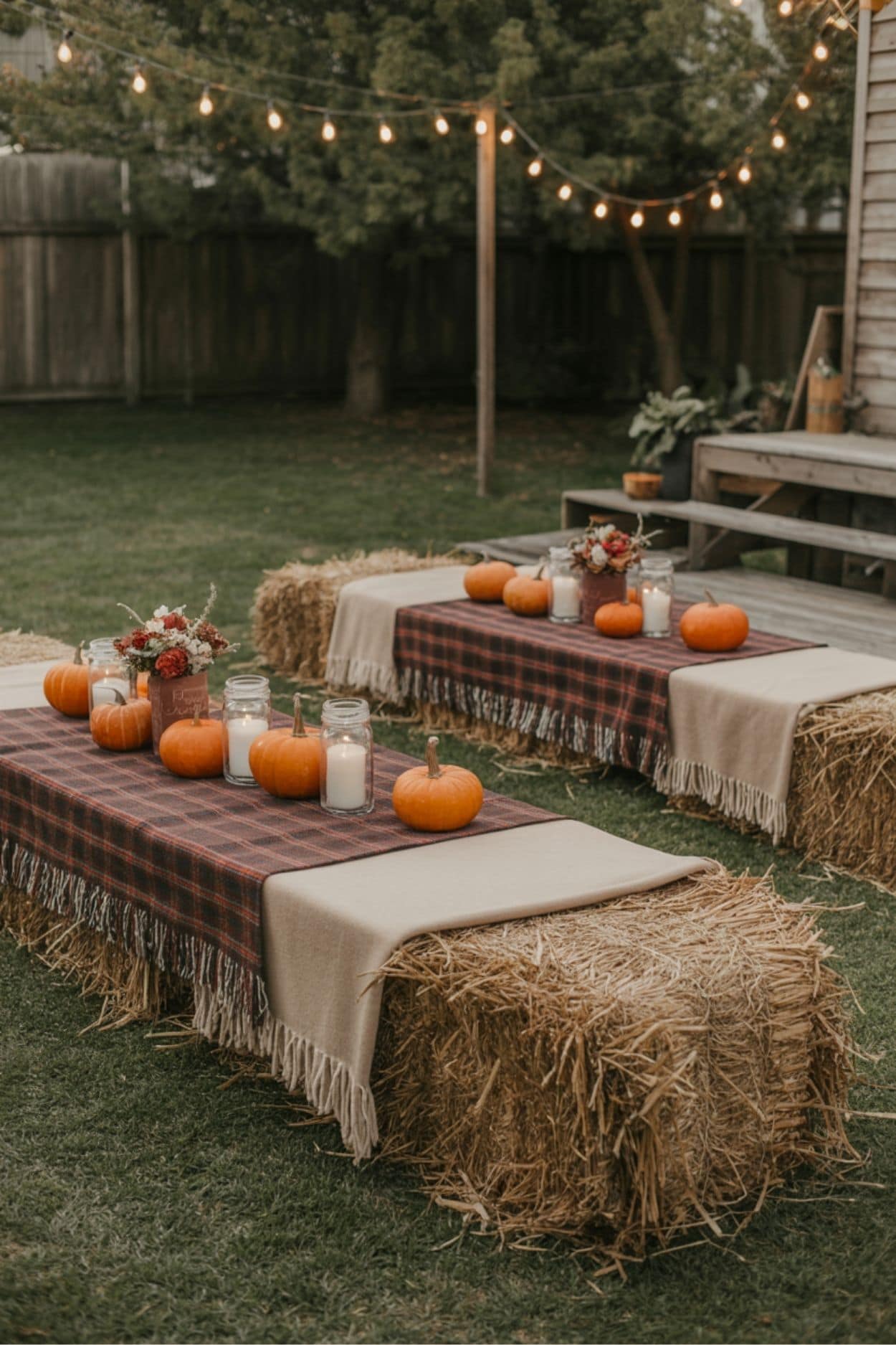 Backyard Hay Bale Tables with Pumpkin Decor