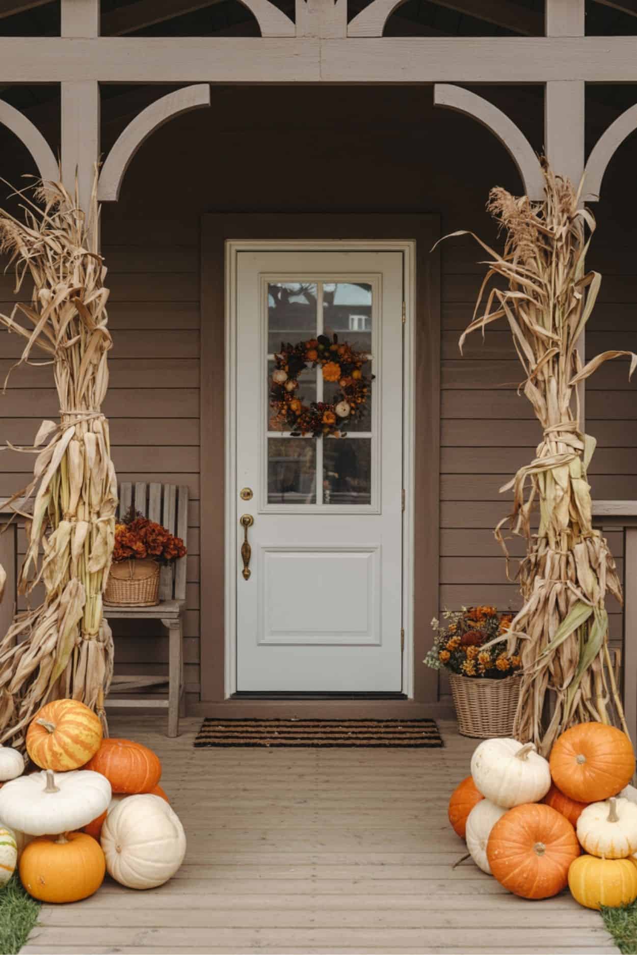 Cornstalk Porch Entry with Stacked Pumpkins
