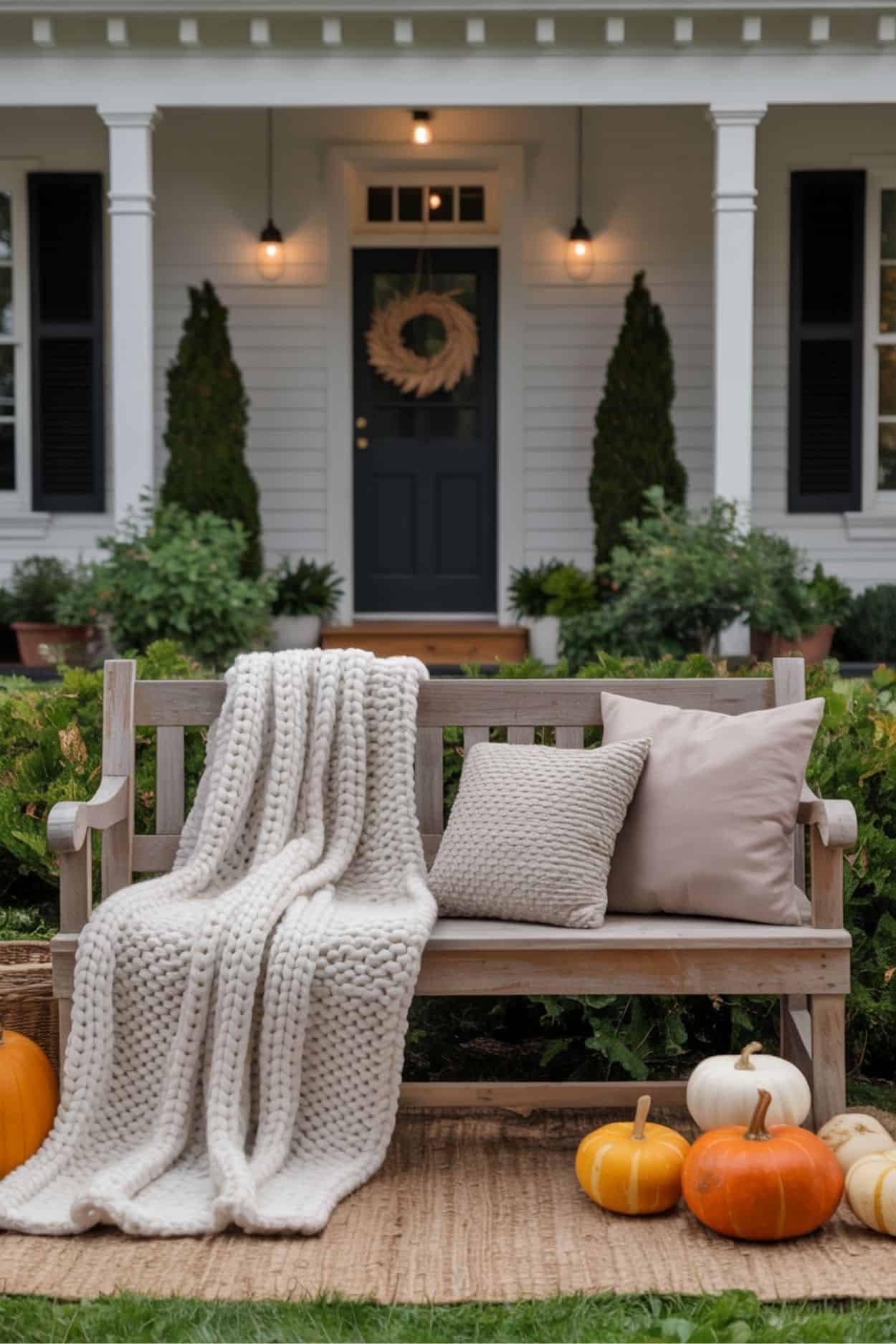 Cozy Bench with Pumpkins and Chunky Knit Blanket
