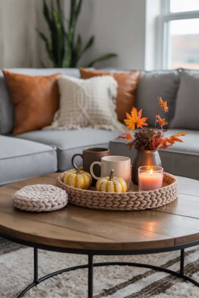 Cozy Fall Coffee Table Tray with Pumpkins, Mugs, and Candle