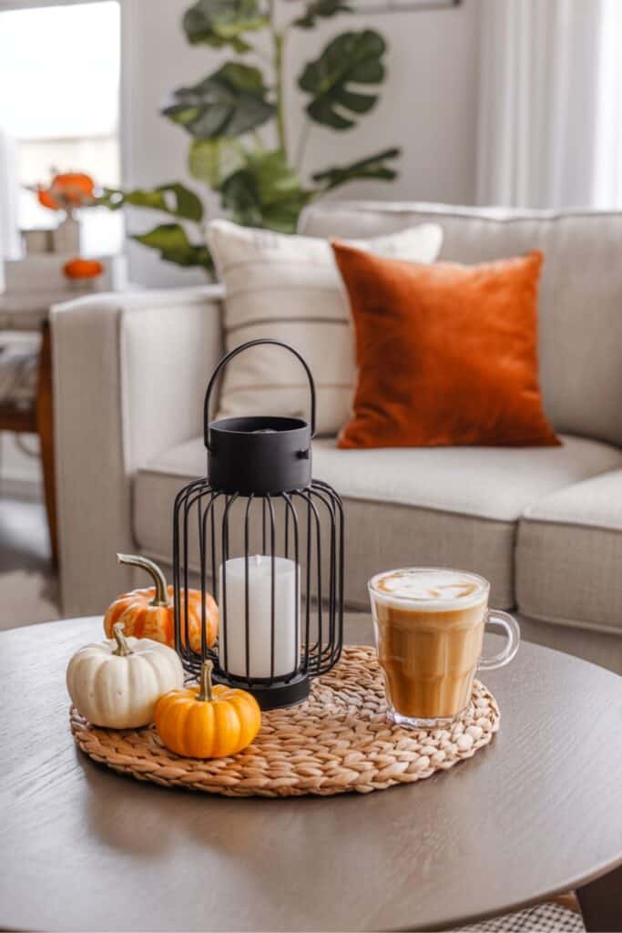 Cozy Fall Coffee Table with Pumpkins, Lantern, and Coffee