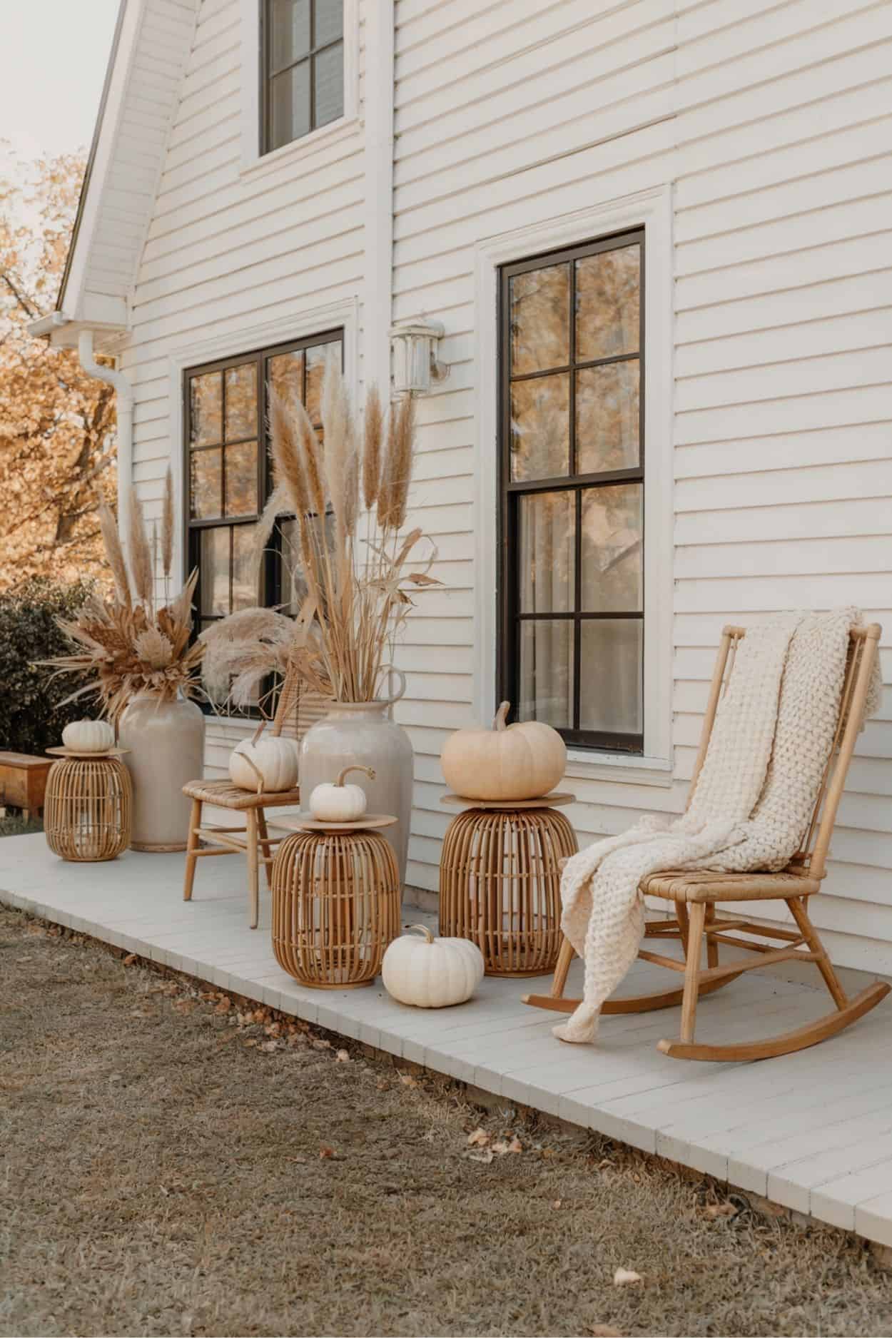 Dried Grasses and Pumpkins on a Porch Patio