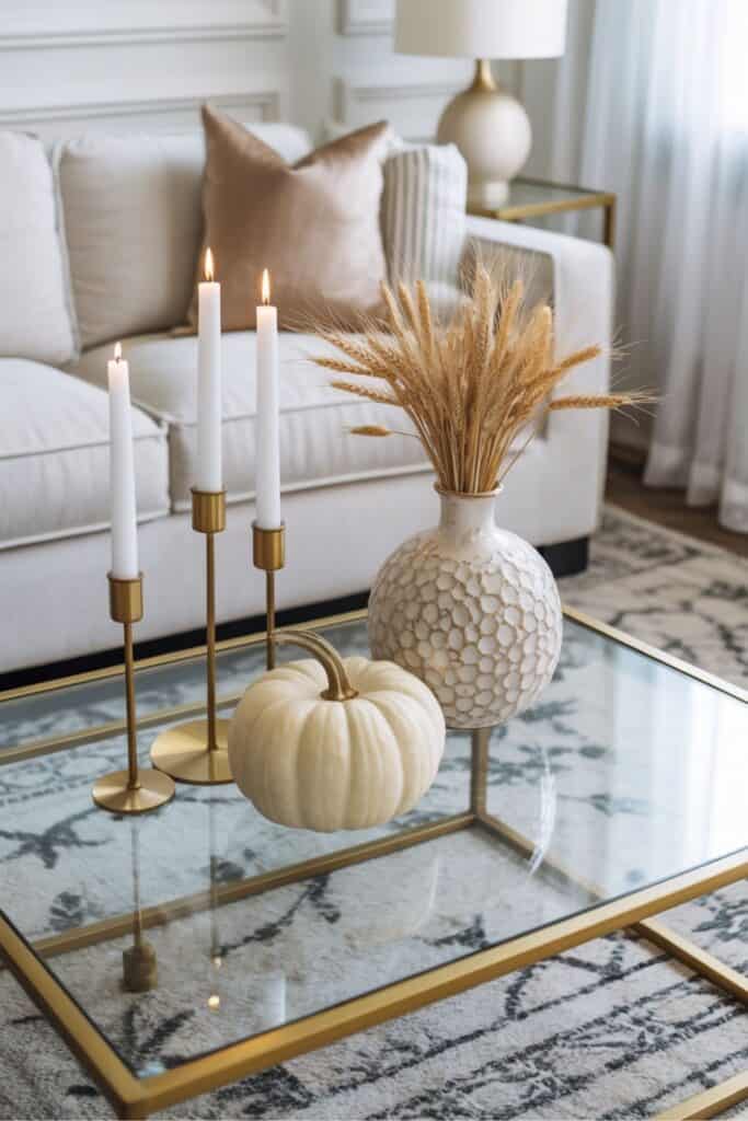 Elegant Fall Coffee Table with Wheat and White Pumpkin