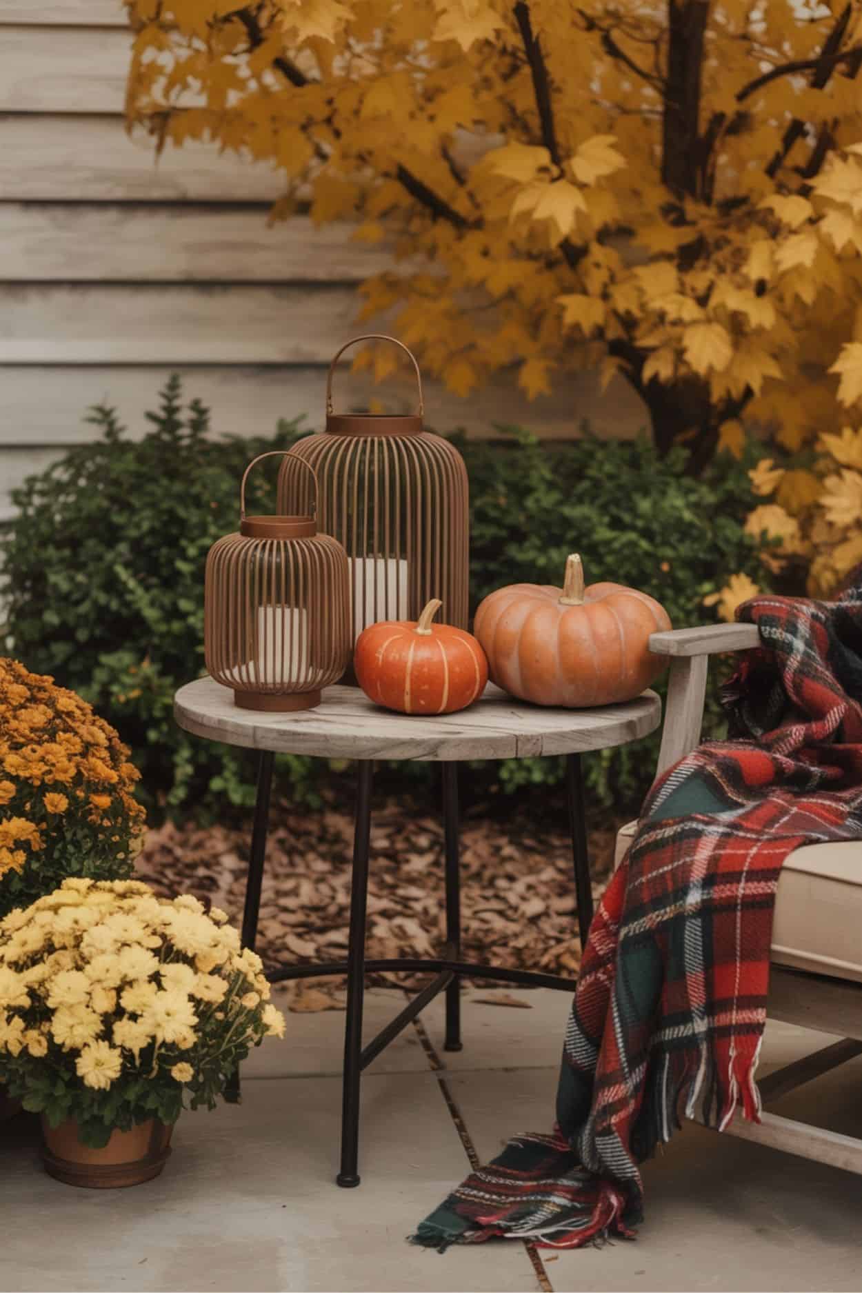 Fall Porch Table Decor with Lanterns